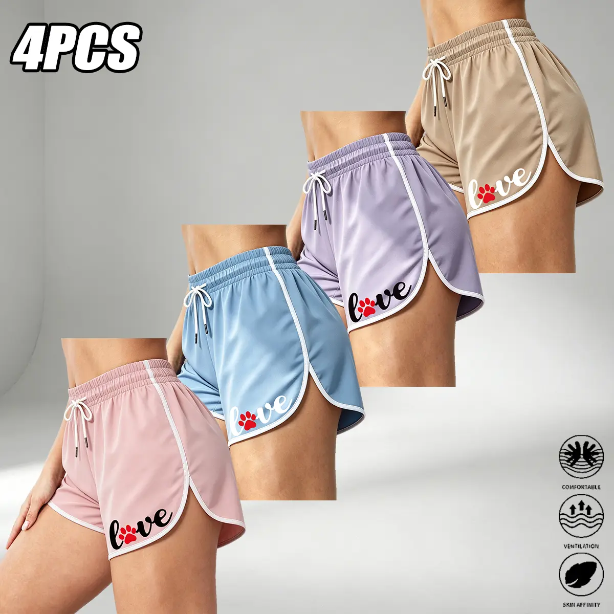 JOGWAVE 4PCS women’s shorts—sport shorts with a low-rise waist and retro wide legs, featuring hand-drawn patterns on the fabric. Casual, comfortable, loose-fit fashion for everyday wear, travel, streetwear, and trendy outfits. Women’s shorts designed to k
