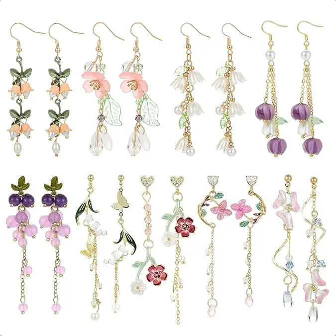 9 Pairs Floral Earrings Set Inspired Long Dangle Flower Leaf Designed Earrings With Pearl Accents And Tassel Details Earrings for Women