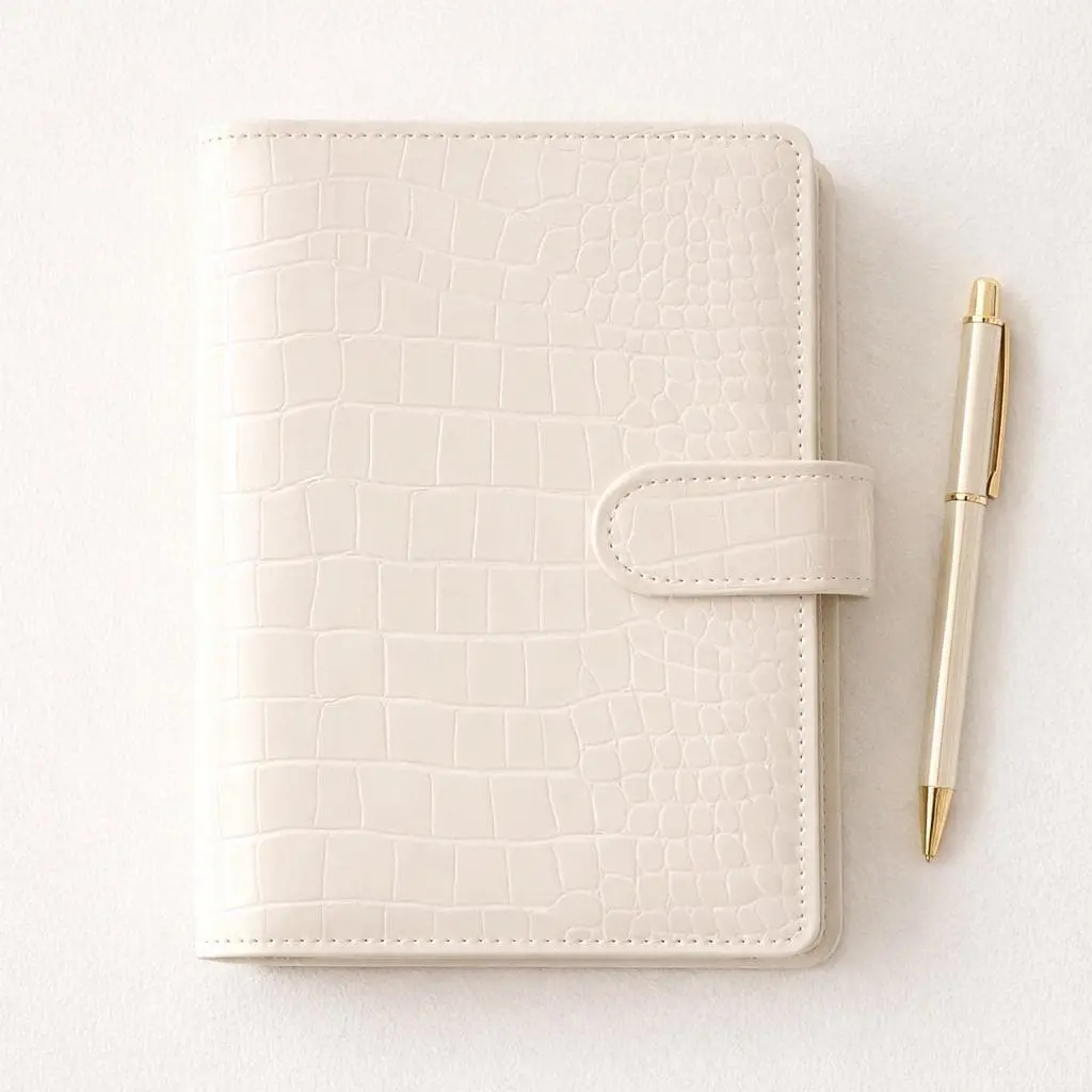 White A6 Croc Planner Journal Cover - 6-Ring Binder Refillable