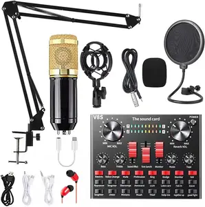 Wireless Microphone Bundle, BM800 Condenser Mic with V8S/V8K Sound Card & Bluetooth 2.1, 65 Sound Effects 8 Voice Modes, 2000mAh Battery for Podcasting Streaming Singing on PC Mac Mobile (Black Gold)