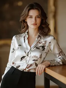 A fashionable, elegant and versatile women's satin printed shirt blouse with a light luxury style, suitable for commuting to work, shopping and outdoor activities, indoor and outdoor dressing