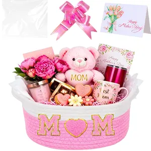 Mother’s Day Gift Basket for Mom – Empty Woven Cotton Rope Basket Set with Gift Bag, Bow & Card, Cute Heart Design, DIY Gift Box for Women, Birthday, Thanksgiving, Self Care Gifts for Mom