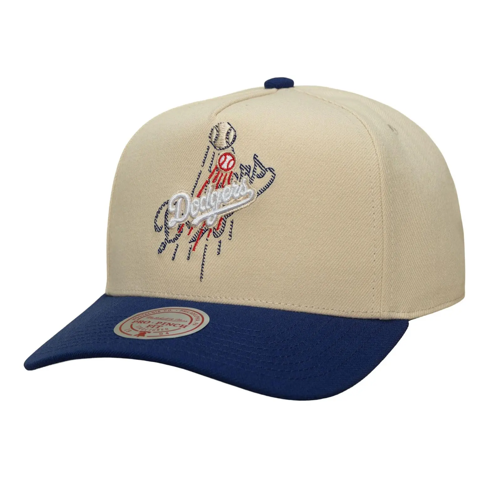 Mitchell & Ness Los Angeles Dodgers Unisex Acrylic Cream/Royal Off-Tilted Pro Pinch Front Snapback Hat - MLB Throwback Cap, Adjustable Casual Fan Gear, Dodgers Logo Graphic, Hand Wash Only