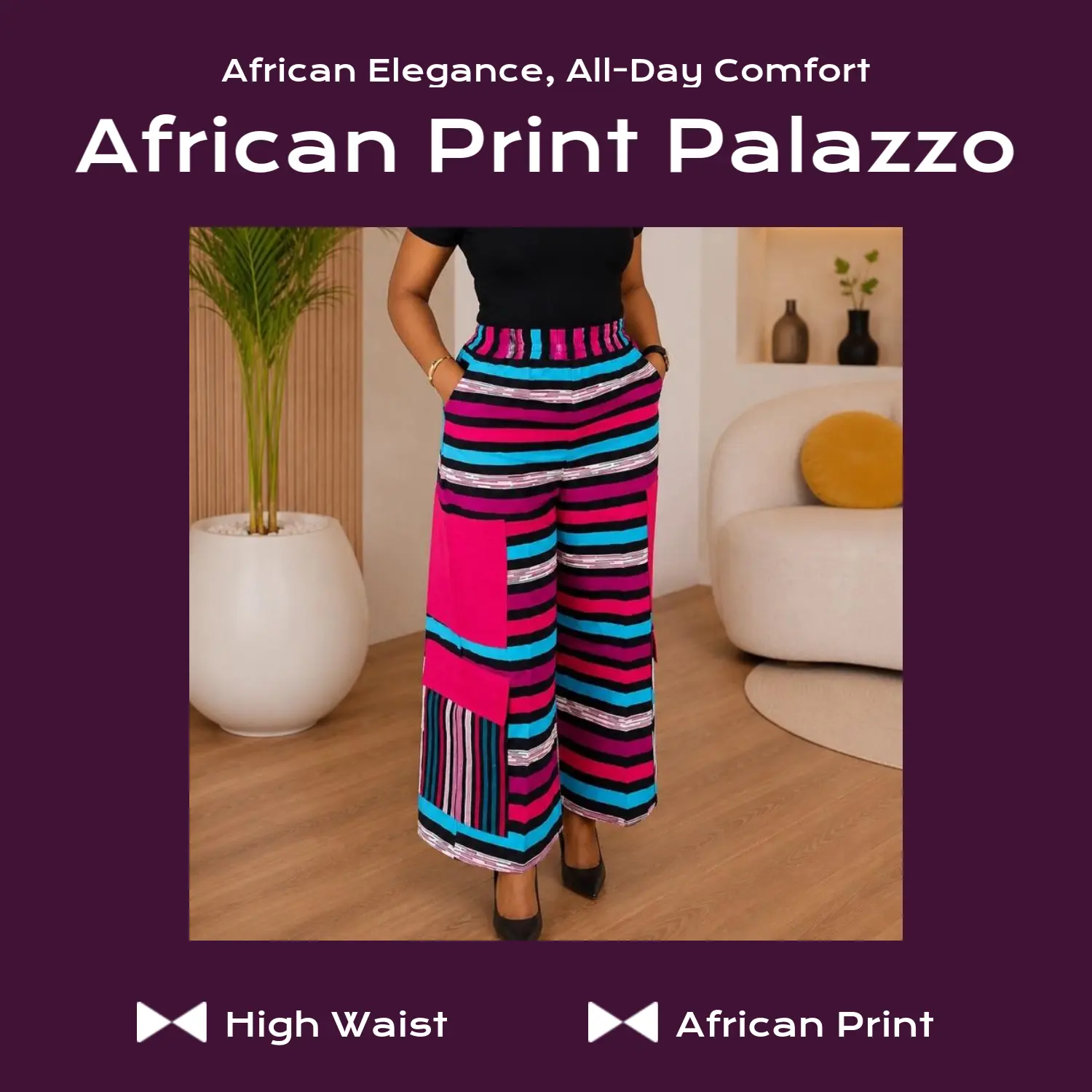 Women’s Top African Print High-Waist Wide-Leg Ankle-Length Casual Palazzo Pants, Traditional Lady Short-Sleeve Fashion Trousers