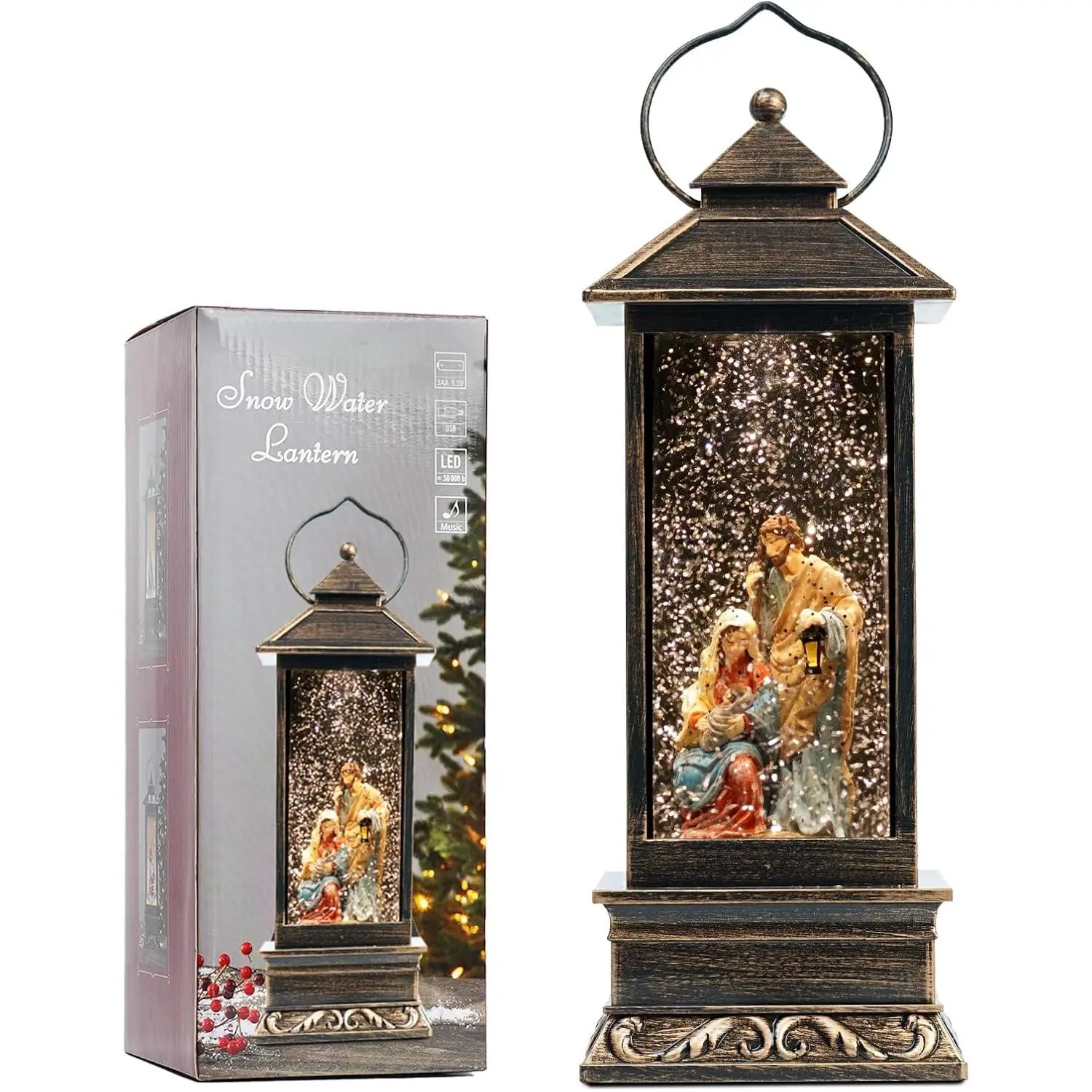 12" Vintage Christmas Nativity Snow Globe Lantern, LED Light with Swirling Glitter Water, Musical, USB/Battery Operated, Religious Home Decoration & Ornaments, Festive Gifts
