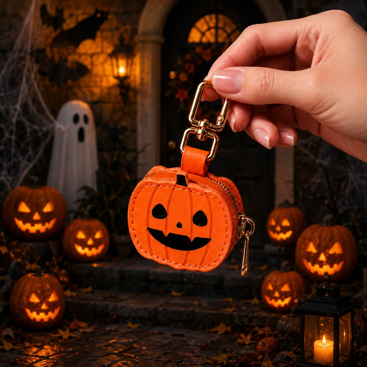Halloween Pumpkin Mini Coin Purse Keychain, Cute Jack-O’-Lantern Zipper Wallet with Metal Clasp, Portable Faux Leather Small Pouch for Coins, Keys, Earbuds, Candy & Bag Charm, Halloween Gift for Women and Girls