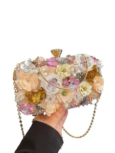 Floral Evening Bag, Luxurious Rhinestone Clutch, Chain Crossbody Dress Bag, Pearl Sequins Bridal Bag, Unique Design Party Women's Bag