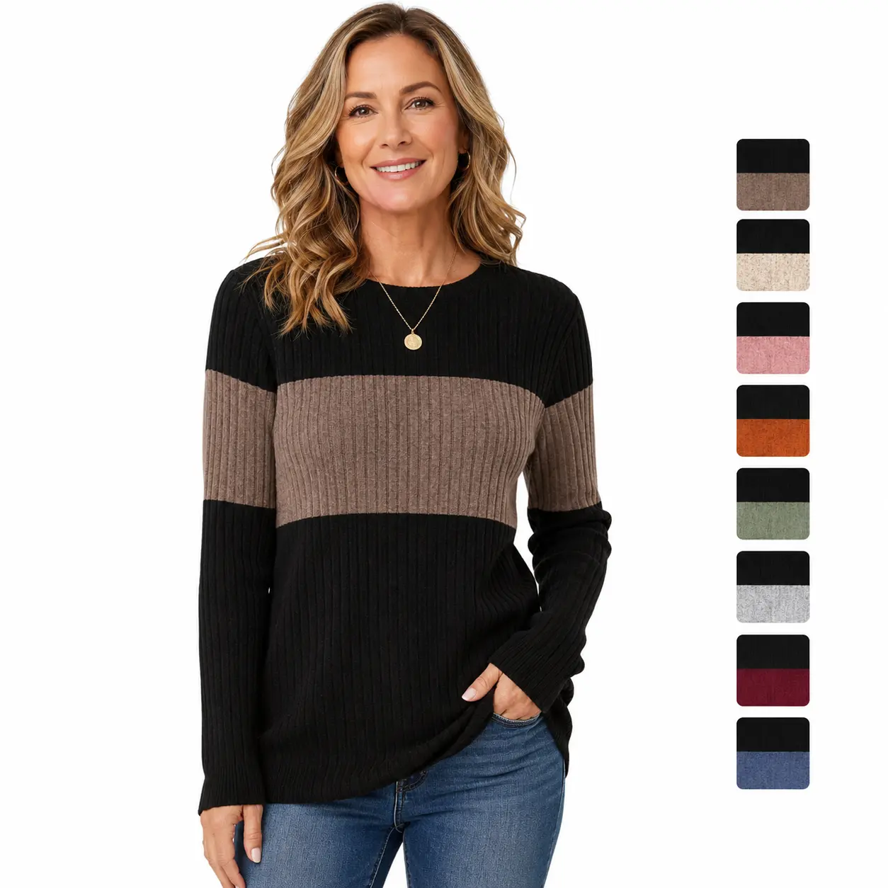 Wiholl Fashion Women's Knitwear Pullover - Trendy Color Block Long Sleeve Casual Round Neck Lady's Top, 2026 Fall Winter Women's Clothes Outfits