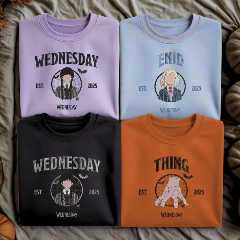 [ADDNOTE] Embroidered Custom Wednesday Halloween Shirt, Persionalized Halloween Characters Sweatshirt, Spooky Season Gift, Addams 90s Hoodie, Hand Tee
