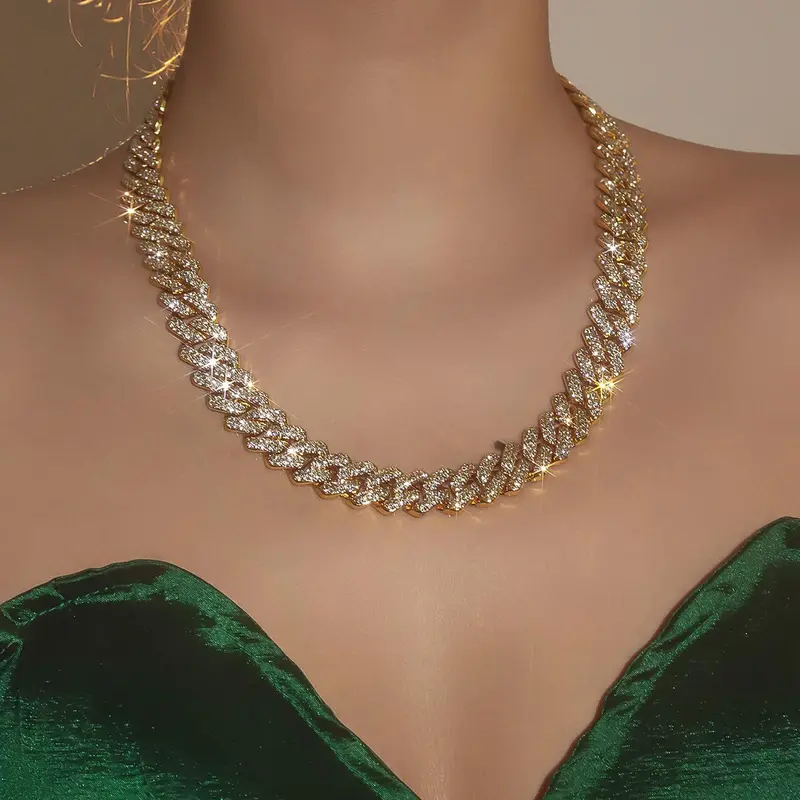 Women's Elegant Rhinestone Decorated Cuban Chain Necklace, Exquisite Trendy Necklace, Chic Jewelry As Gift for Girlfriend, Cuban Link Necklace, Cuban Links Necklace, Cuban Necklaces, Cuban Link Chains