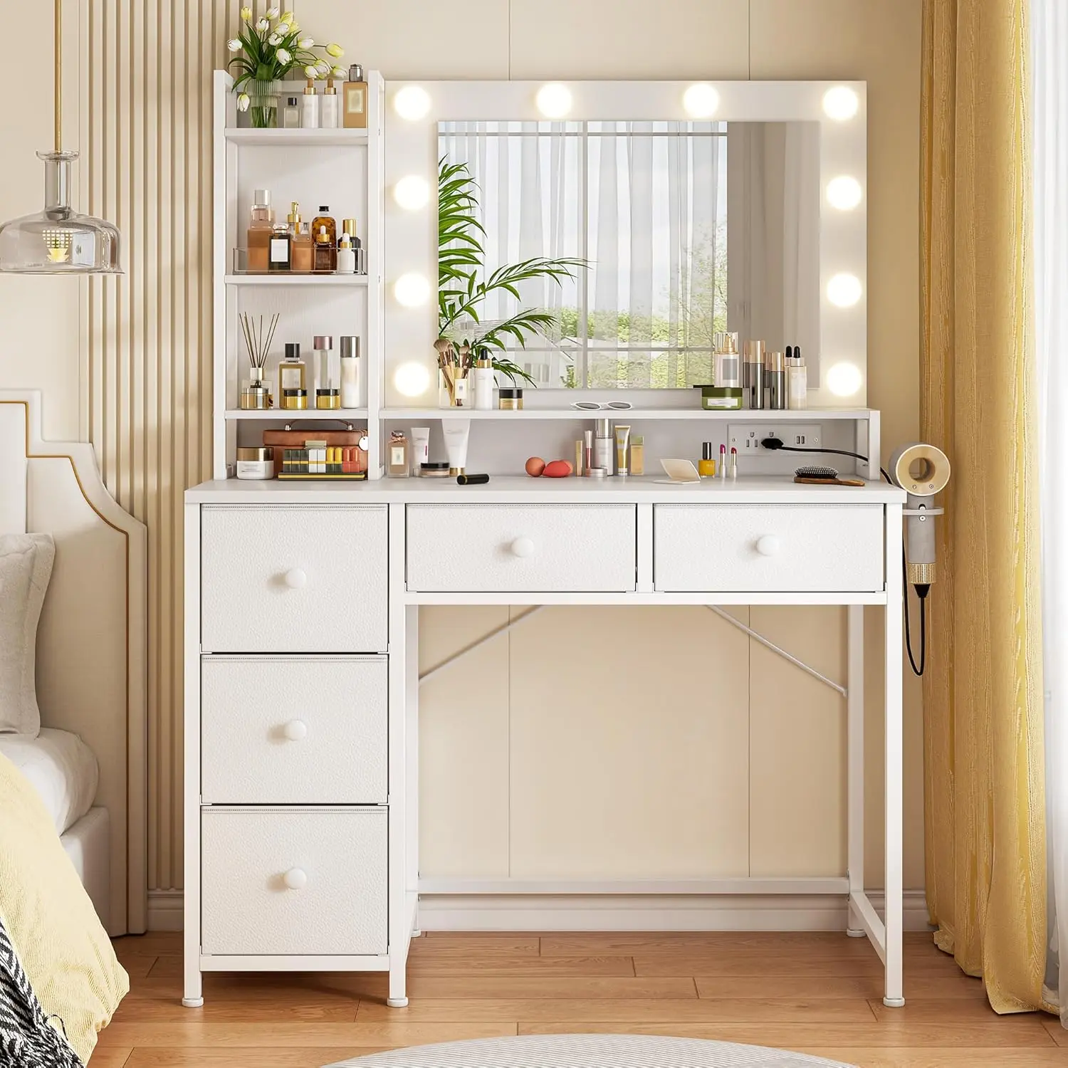 Raybee Hollywood Vanity Desk with Mirror and Lights, Vanity Dressing Table with 5 Fabric Drawers & Power Outlet & Hair Dryer Holder, 3 Lighting Modes Adjustable Brightness, Bedroom Dressing Table, Black, White, Easy Assembly for Compact Room
