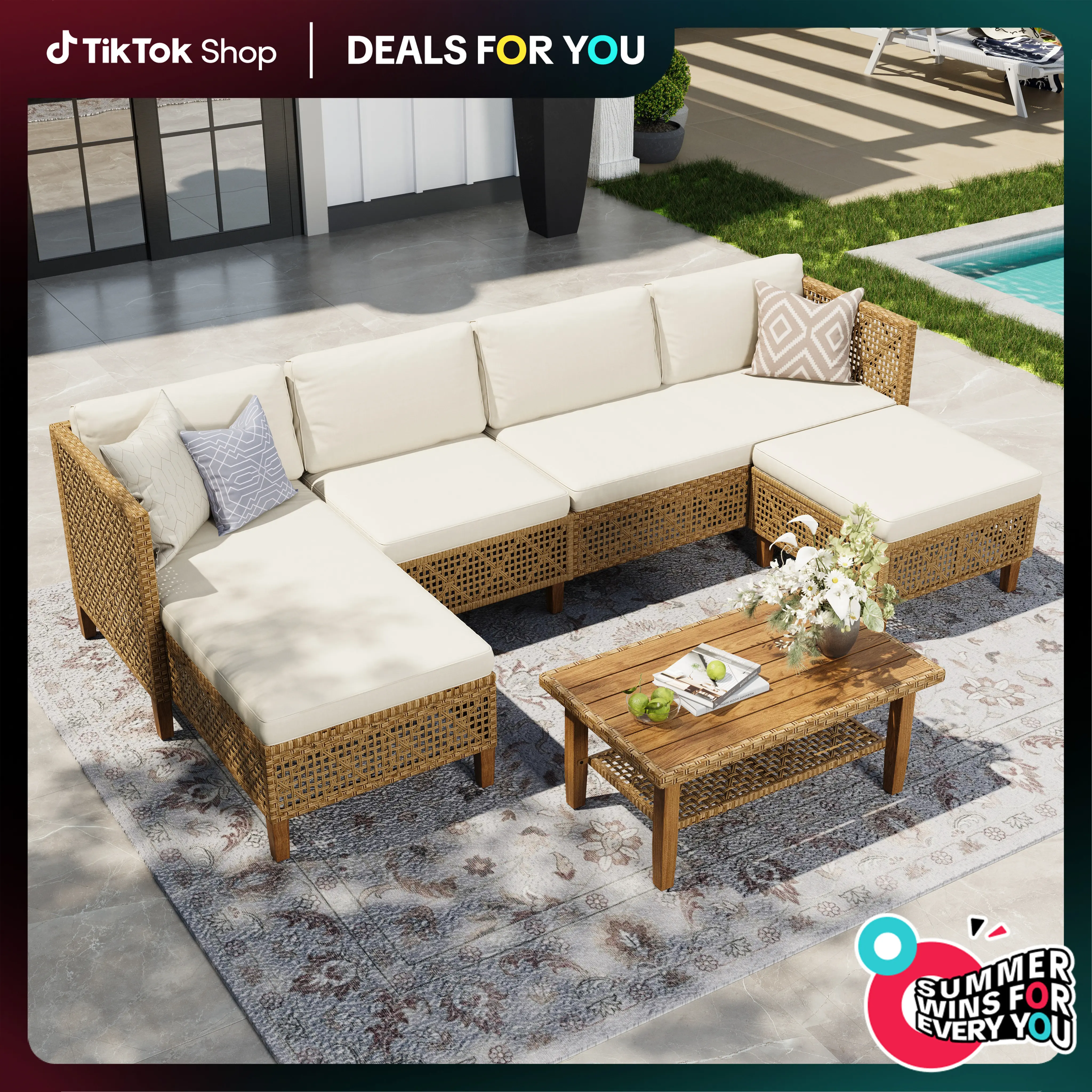 PHIVILLA Boho Wicker Patio Furniture Sofa Set, 3/5 Seaters, Outdoor Rattan Sectional Sets Conversation Set - Weather-Resistant, with Dual Storage Coffee Table Acacia Wood Legs for Garden, Patio & Deck,Summer Sale Home Decor