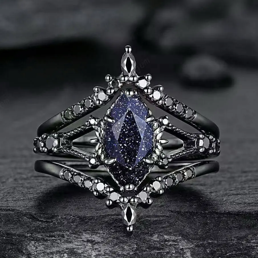European and American style retro three piece set Starry Sky Crystal Black Warrior Theme Gun Black Ring