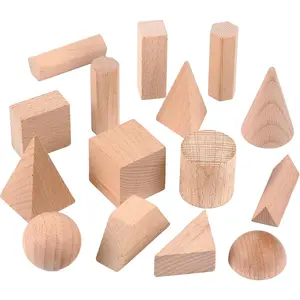 15 Pcs 3D Shapes Geometric Solids Wooden Shapes Large Size Burlywood Color Geometric Blocks Set Montessori Learning Pattern Blocks Solid for Preschool Classroom Elementary Home School Supplies