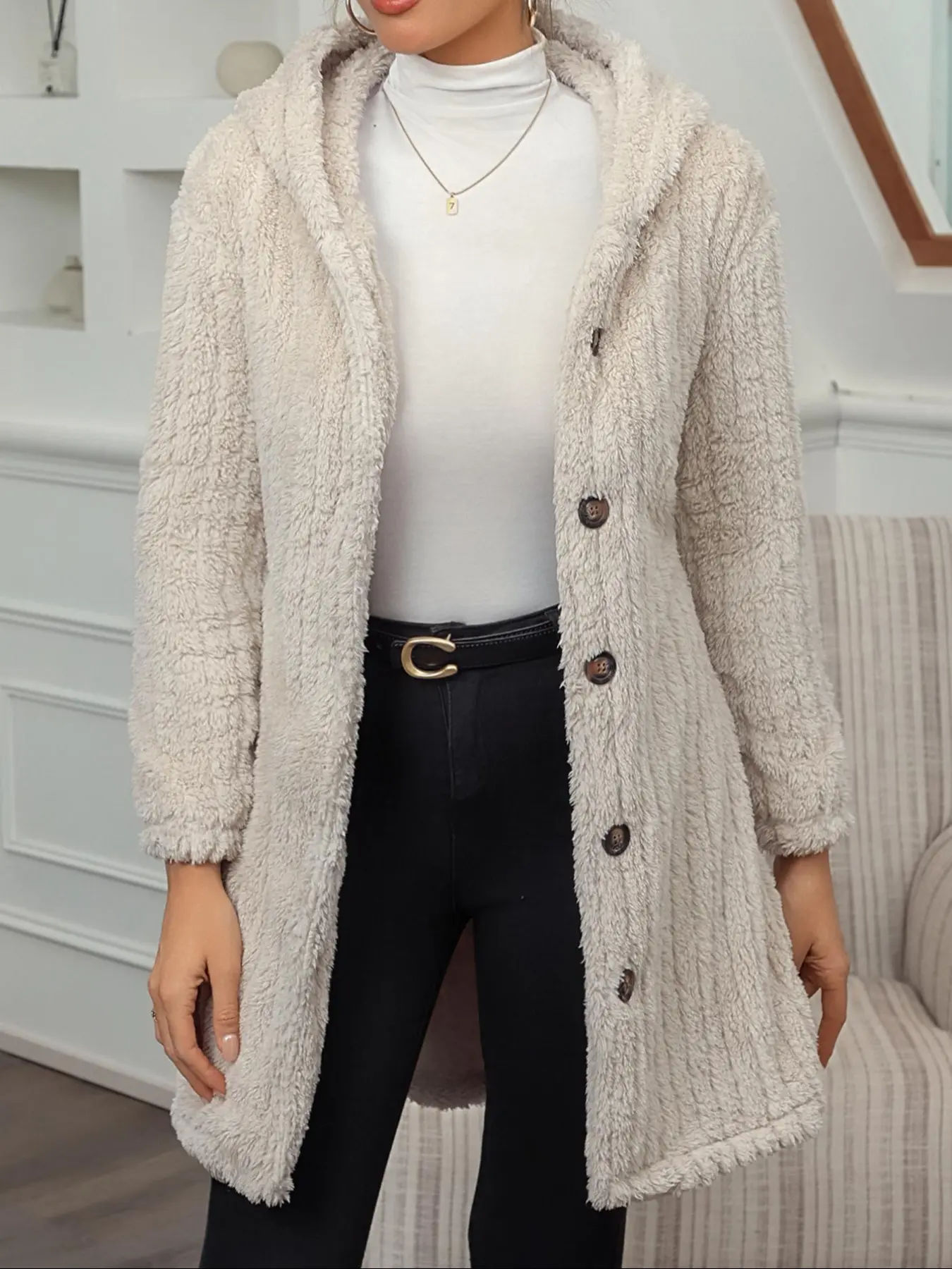 Women's Fall Winter Fashion Fitted Textured Knit Fabric Button Front Hooded Coat, Long Sleeve Fuzzy Jacket, Casual Colorblock Design, Womenswear, Knitwear