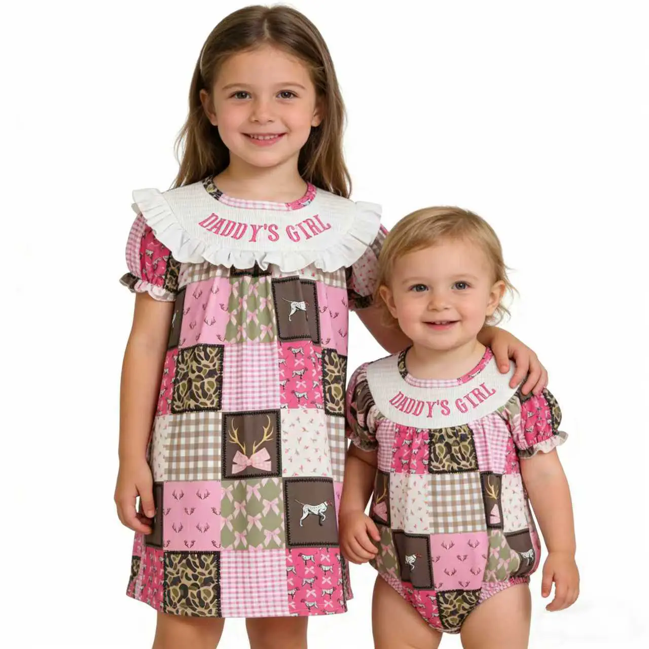 Girls' Matching Sister 2-Piece Set - Cotton Blend Casual Camo Deer Print Dress & Baby Romper, Short Sleeve, Breathable, Buttoned, for 0-3M/6-12M/12-18M Dad's Little Girls, Family Day Everyday Outdoor Kids' Clothes