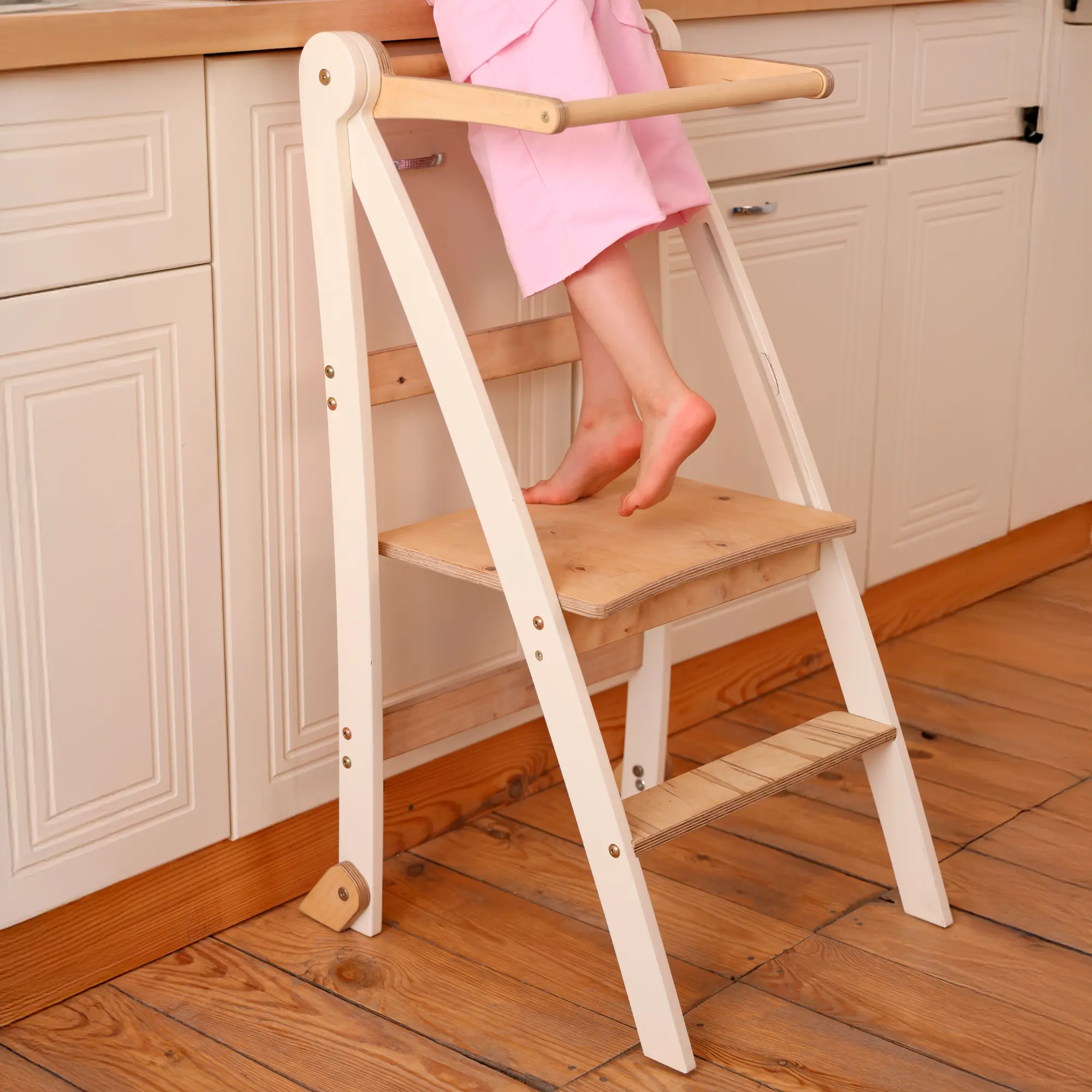 Montessori Adjustable & Foldable Learning Tower for Toddlers - Safe Kids Step Stool with Anti-Tip Protection (Ivory)