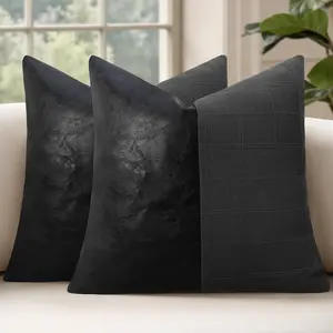 Faux Leather Patchwork Linen Checkered Plaid Throw Pillow Covers 18x18 Inch Set of 2 Netural Farmhouse  Cushion Covers Modern Boho  Decor for Sofa Chair Couch Bedroom,Black