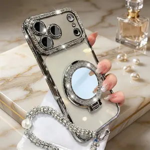 Luxury Glitter Clear iPhone Case with Built-in Makeup Mirror, Foldable Stand, Shockproof Protection for iPhone 14-17 Pro Max Plus, Women's Trendy Aesthetic Outdoor Fun Gift outdoorfun