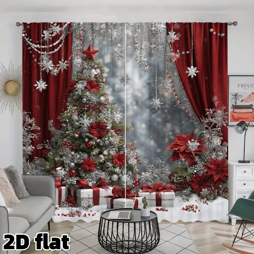 2D Flat 2Pcs Festive Christmas Tree Curtain Panels Holiday Red Poinsettia Snowflake Pattern Premium Polyester Rod Pocket Design Semi Sunshade Treatment for Living Room Bedroom Balcony Window Decoration Gift Anti Privacy