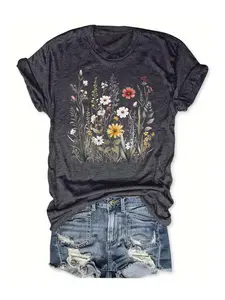 Women's Floral Print Round Neck Tee, Vintage Trendy Casual Fitted Short Sleeve T-Shirt for Daily Wear, Ladies Summer Top