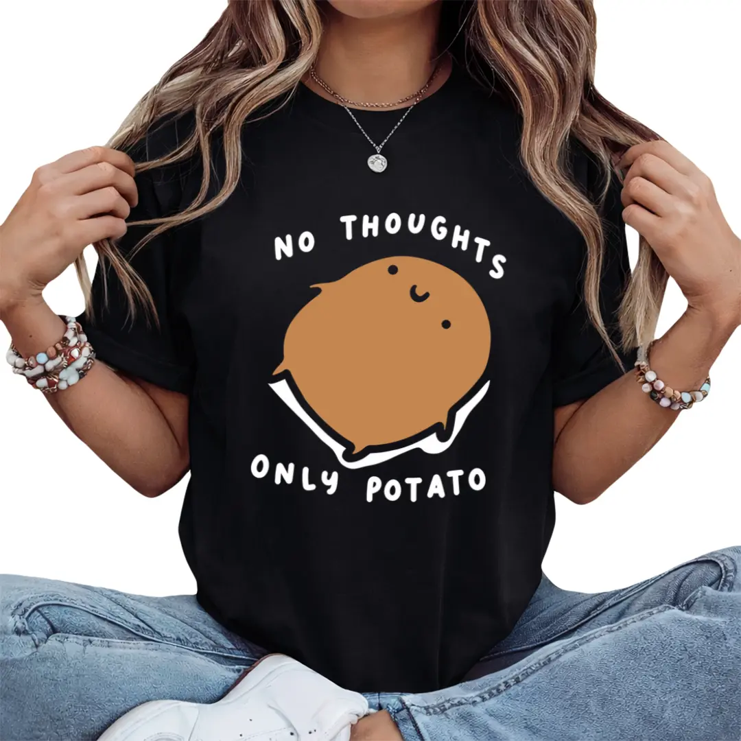 's Funny Potato T-Shirt - Cute "No Thoughts Only Potato" Meme with Smiling Brown Potato Character, Casual Short Sleeve Black Top for Casual Attire, Potato Lovers Gift & Funny Meme Outfit