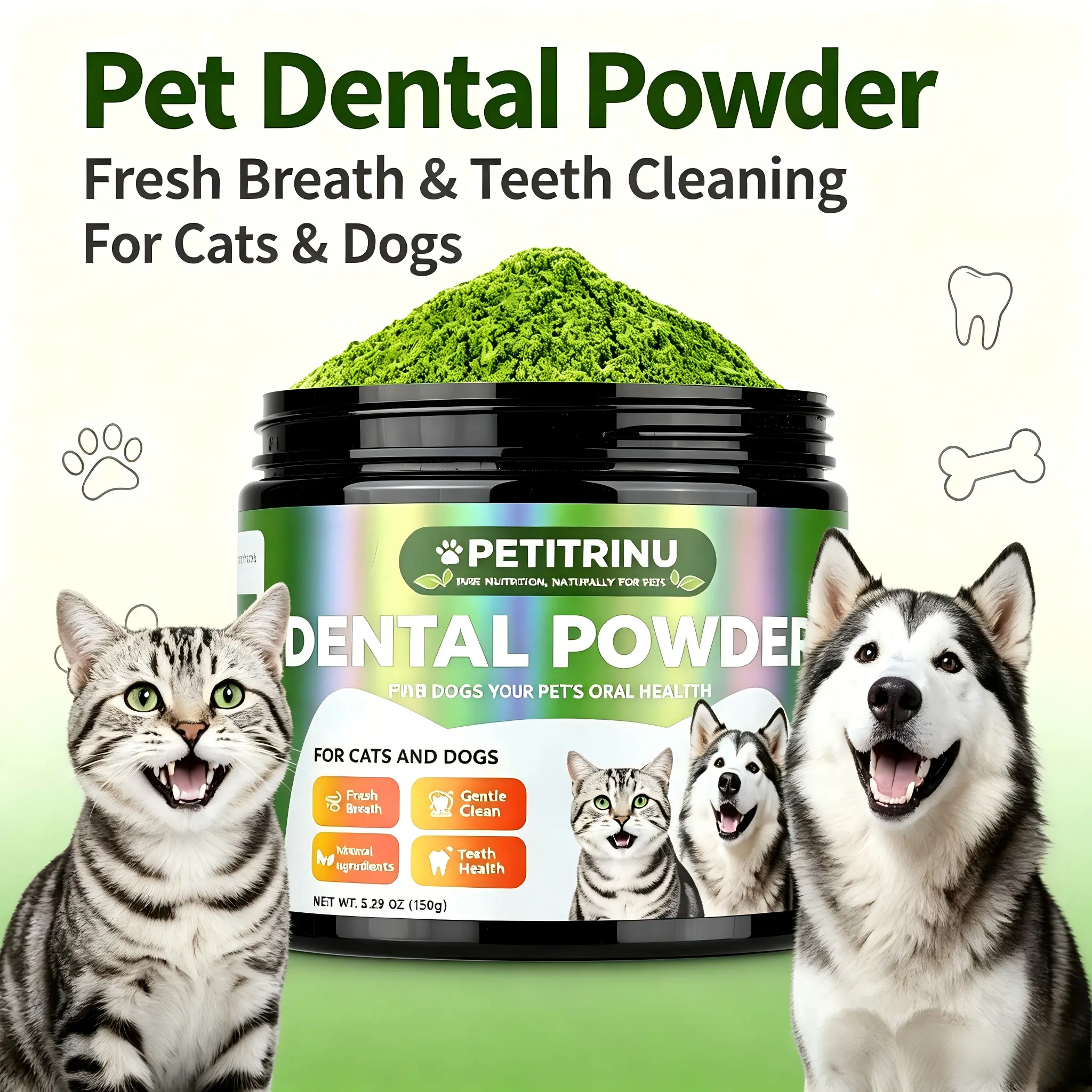 Petitrinu Dental Powder for Cats and Dogs - Oral Care Products, Single Bottle, 5.29 oz, Probiotic Boost, Plaque Control, Fresher Breath, Gentle Clean, Natural Ingredients