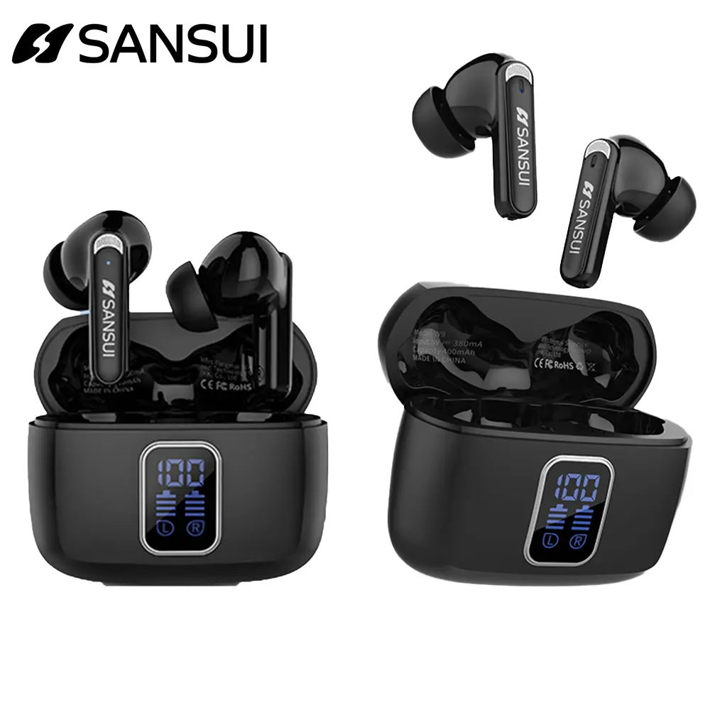 Sansui W9 Real Wireless Headphones Charge display Gaming Headset, in-ear Ear Wireless Bluetooth-compatible Headphones, Long Battery Life Audio HiFi Bass Earphone Earbuds, Wireless Headphone for Sports Music Work Use, All Saints' Day Gifts