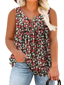 ROSRISS [1X-5X] Plus Size Tank Tops for Women Summer V-Neck Casual Sleeveless Street july Henley Shirts Buttons Up Loose Fit Pleated Flowy Tunics RPS2071