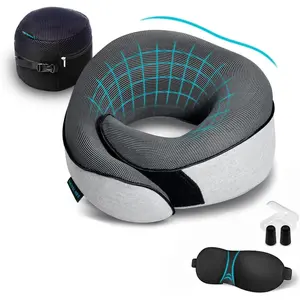 Travel  Pillows for Airplanes, Sleeping Essentials for Long haul Flights, 360?  Support,  and Airplane Kit with  Contoured Eye Mask, Earplugs and Luxury Mesh Bag (Adult, Grey)