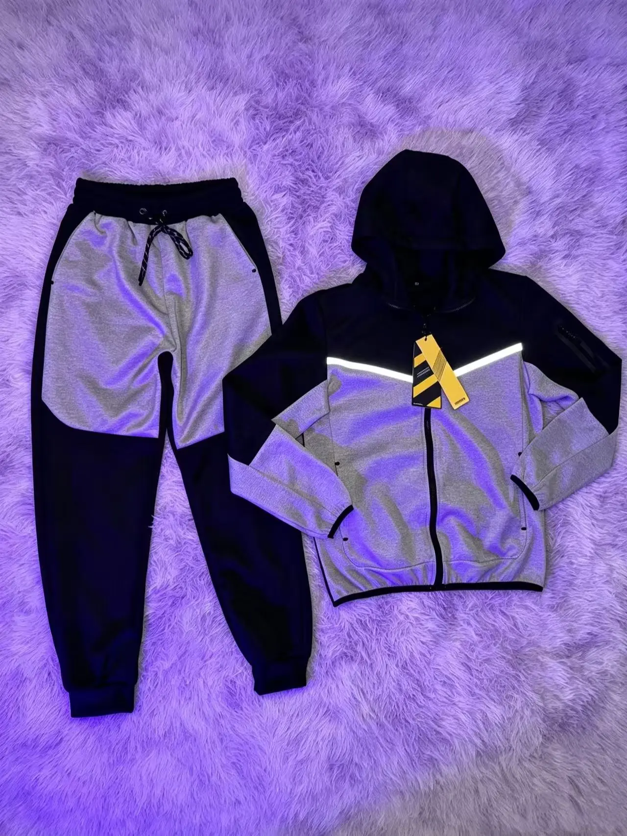 Men's 3-Color Reflective Stripe 2-Piece Hooded Sweatshirt & Track Pants Set, Trendy Loose Casual Sportswear for Spring & Autumn, Boutique Long-Sleeve Sweatsuit