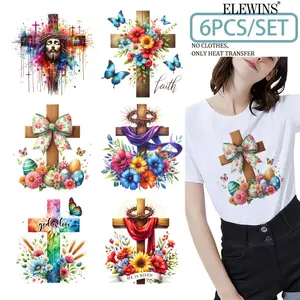 Easter Cross Iron On Patches 6 Pcs Floral Multi Colored Heat Transfer Decals for Clothing Tshirt Denim Backpack Hat DIY Crafting Accessories