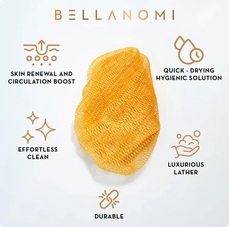 BELLANOMI 4-Piece African Exfoliating Net Sponge Set, Long Bath Personal Care Accessories, Authentic Ethically Sourced from Nigeria, Daily Use (Copper Brown, Orange, Green, Yellow) for Wife Anniversary, African Net Sponges
