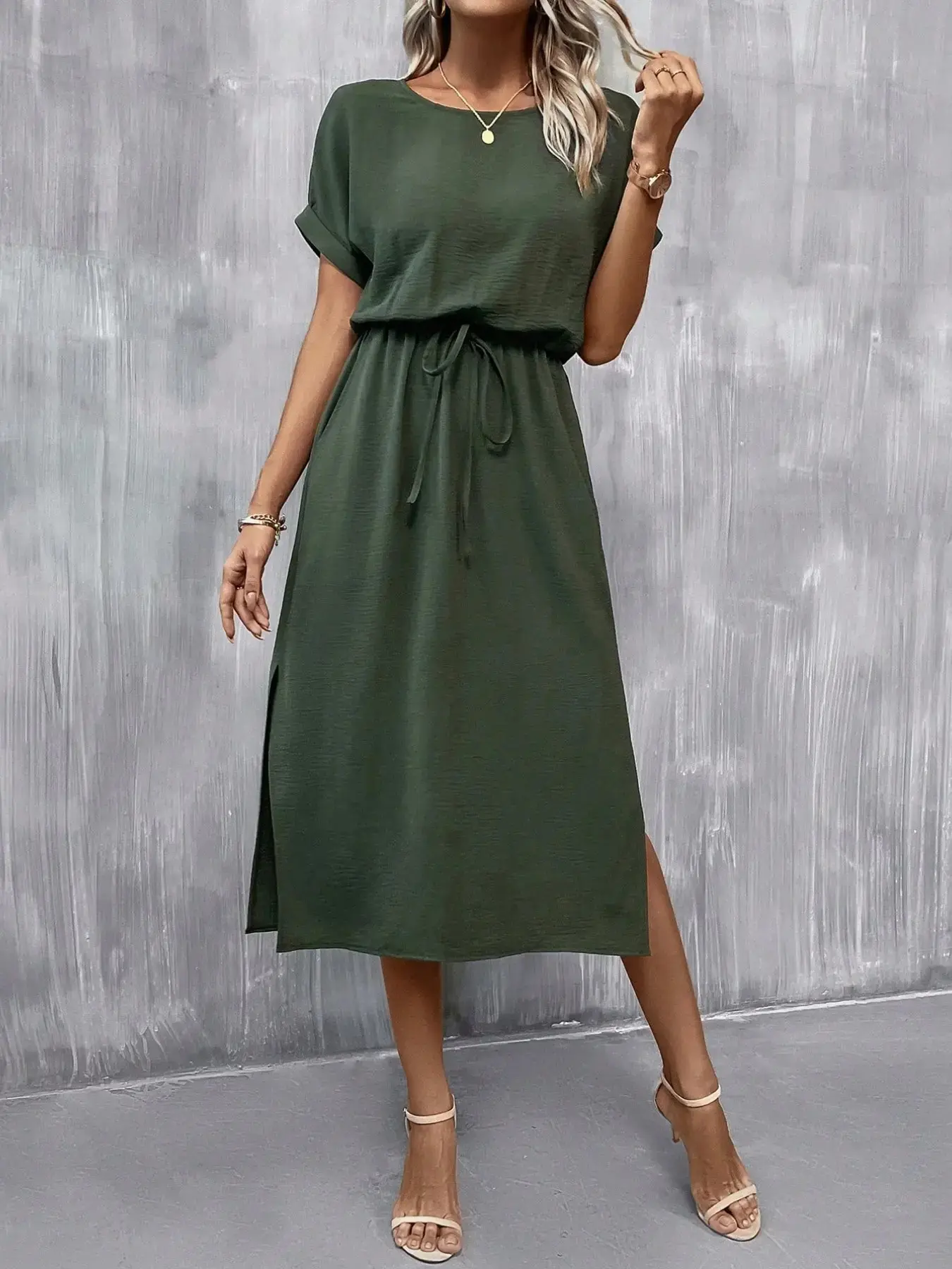 Elegant Minimalist Basic Summer Dress Style, Womenswear, Drawstring Adjustable Waist, Split Hem, Ruffled Short Sleeves, Office & Casual Wear, Medium-Length Loose Fit