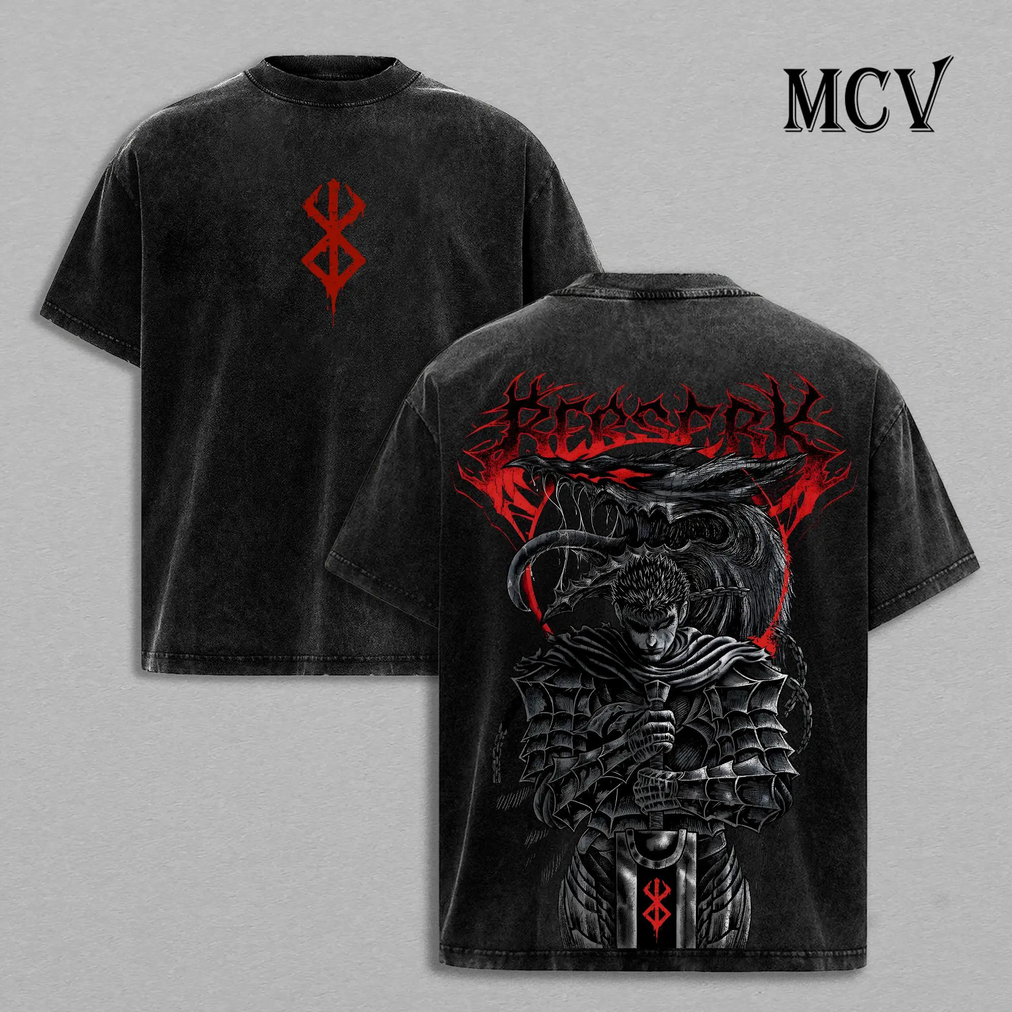 Guts Oversized Graphic Tee Vintage Washed Cotton T-Shirt | Men's Gym Pump Cover Berserk Anime Streetwear Black Swordsman Y2K Retro Top