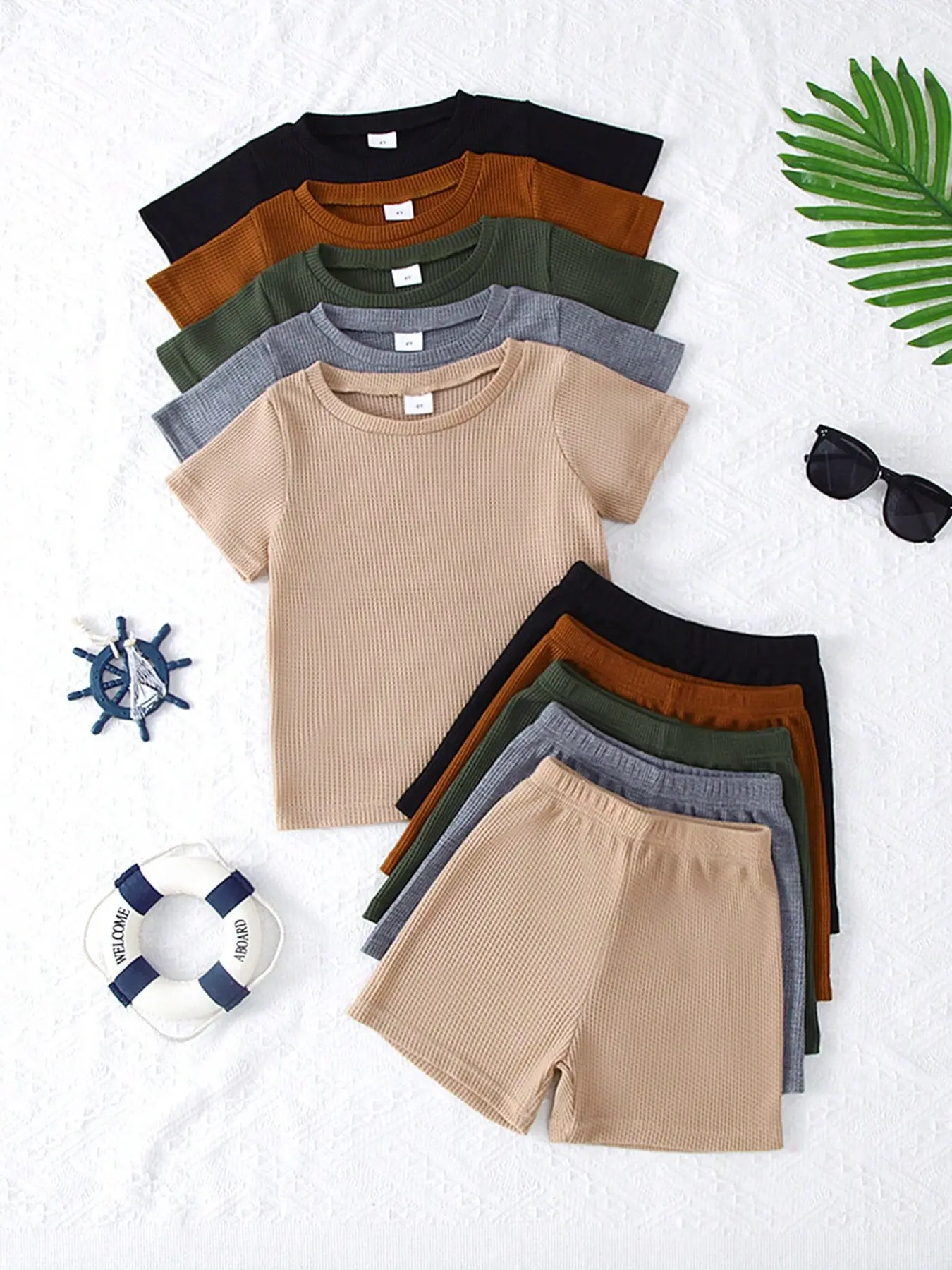 Boys' 10-Piece Set, Casual Waffle Texture Soft Knit Short Sleeve T-Shirts & Shorts, Comfortable Outdoor Wear for Spring Summer, Summer Clothing Set, Outfit Sets