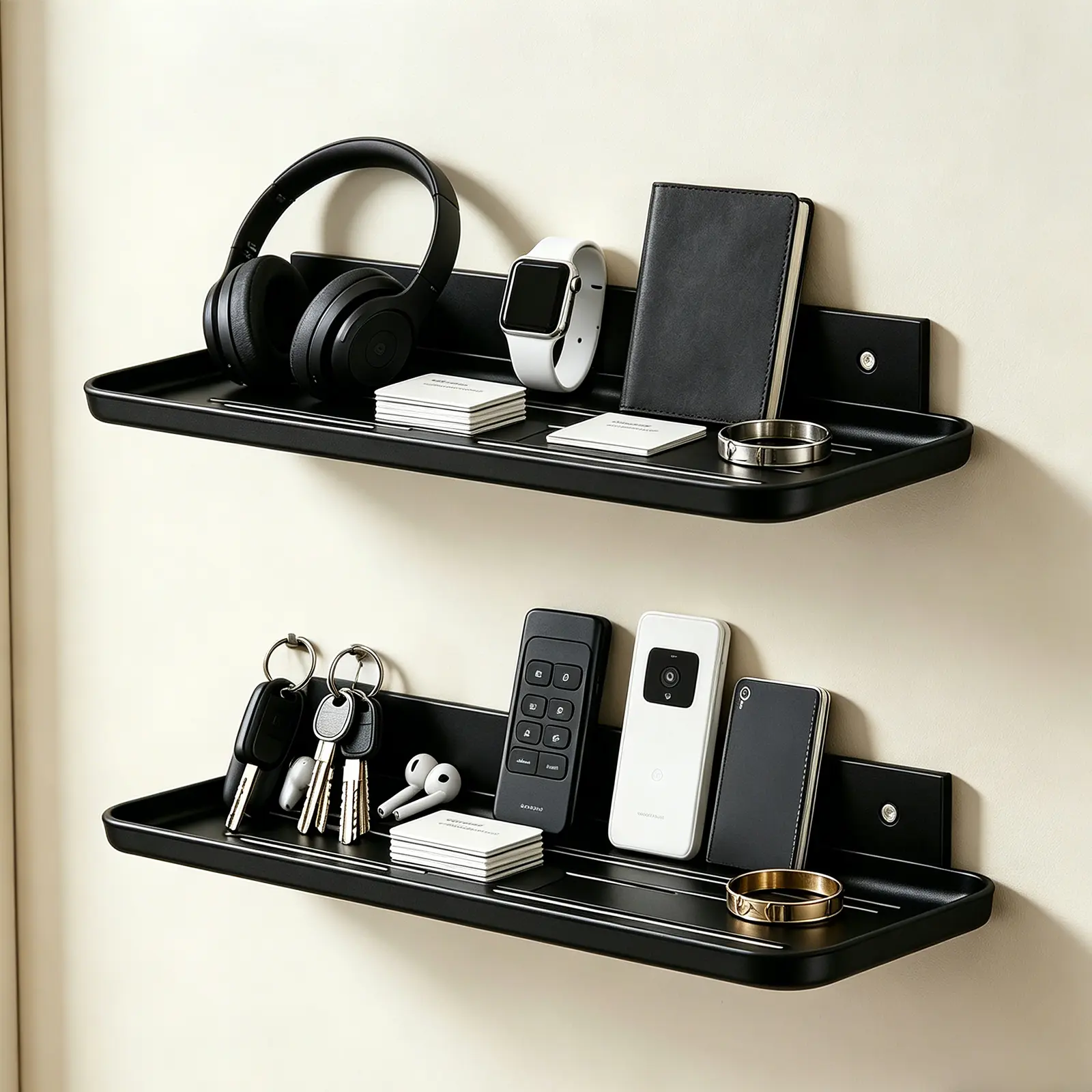 Wall Mounted Floating Shelf, Self Adhesive Shelf, No Drill Adhesive Wall Shelf, Floating Shelves Damage-Free Expand Walls Space for Living Room Kitchen Bathroom (2, Black)