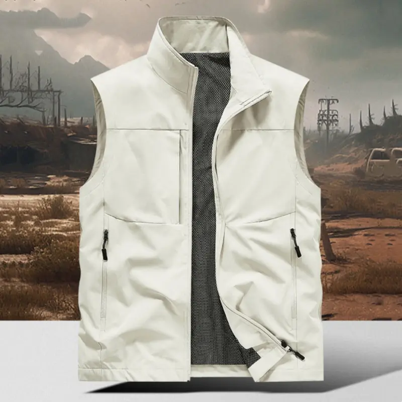 breathable outdoor sports vest jacket;Spring/summer men’s vest, reversible with zipper for two ways to wear;  stylish fishing vest; suitable for all seasons; men’s casual loose-fit stand collar capless vest # SummerWins