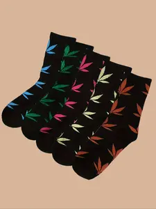 5 Pairs of Unisex Leaf Pattern Mid-Calf Socks, Comfortable and Breathable for All Seasons, Perfect Gift for Fashion Enthusiasts, Sock Set