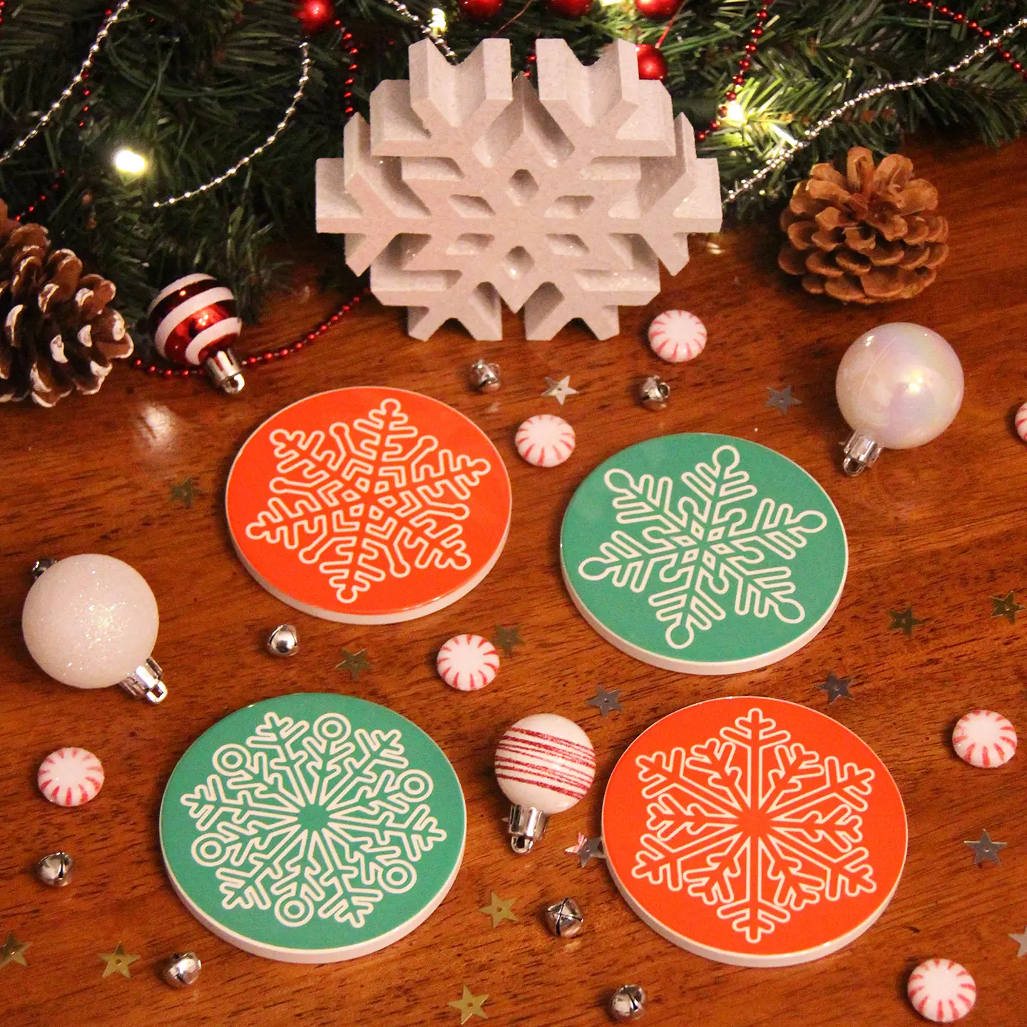 Snowflakes Ceramic Coasters (Set of 4) - Round Coasters - Winter Coaster Gift Set - Christmas Ceramic Coasters - Holiday Coasters