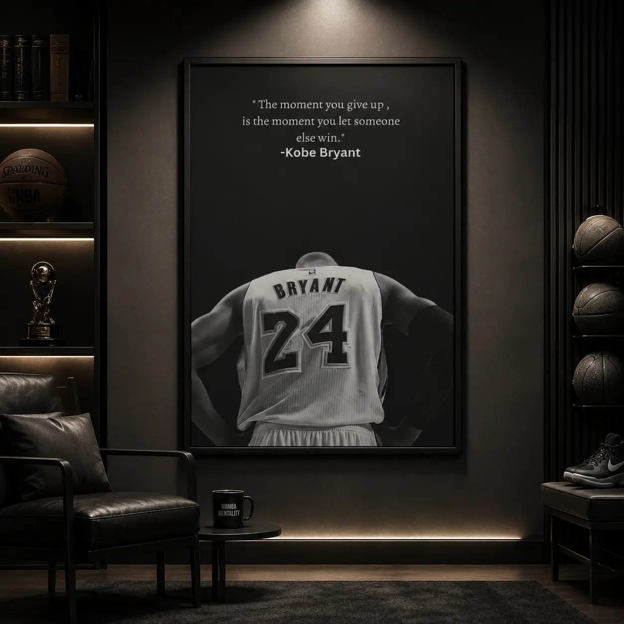 Kobe Bryant 24 Jersey Motivational Quote Framed Canvas Wall Art, Black White Mamba Mentality Basketball Poster, Lakers Back View Athlete Print, Man Cave Teen Bedroom Gym Decor, Basketball Fan Inspirational Wall Hanging Gift
