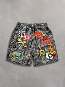 Men's Casual Camo Shorts, Trendy Sticker Style, Graphic Racing Number Print, Drawstring Waist, Soft Durable Fabric, Outdoor Camping