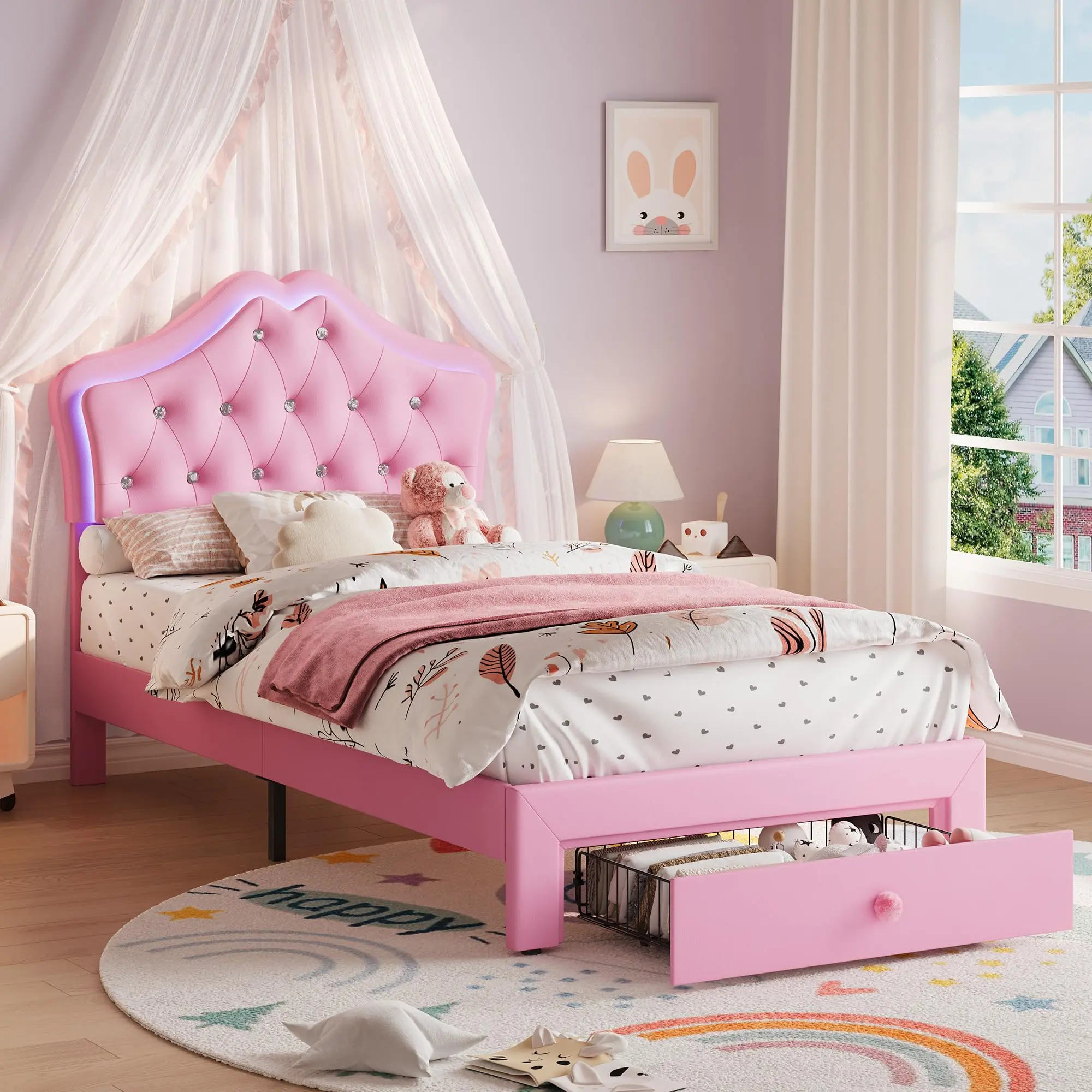 Garvee Twin Size Upholstered Platform Bed Frame in Pink with LED Lights, Storage Drawer, Crystal Tufted Headboard, Noise-Free Slats, Easy Assembly, Ideal for Teens