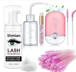 Lash Shampoo for Lash Extensions, 50ml Eyelash Foam Cleanser and 50 Pcs Eyelash Brush and Rinse Bottle Mini Fan Oil Free/Sulfate Free Eyelash Wash Remover For Eyelash Extension Makeup Removel