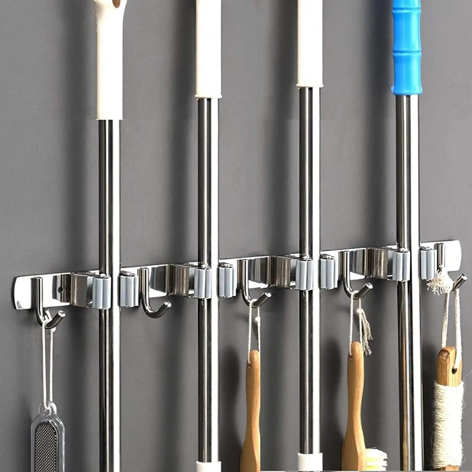 Broom & mop holder wall mounting organizer rack (4 racks, 5 hooks) | Stainless steel material, suitable for home, kitchen, garage, garden, laundry room, and bathroom organization and storage