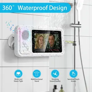 360° Rotatable Waterproof Shower Mobile Phone Holder with Bluetooth Speaker, Crystal Durable Mount, Touchscreen Case, Audio Cable, Stereo Sound for Bathroom, Gym, Stand & Stick Compatibility