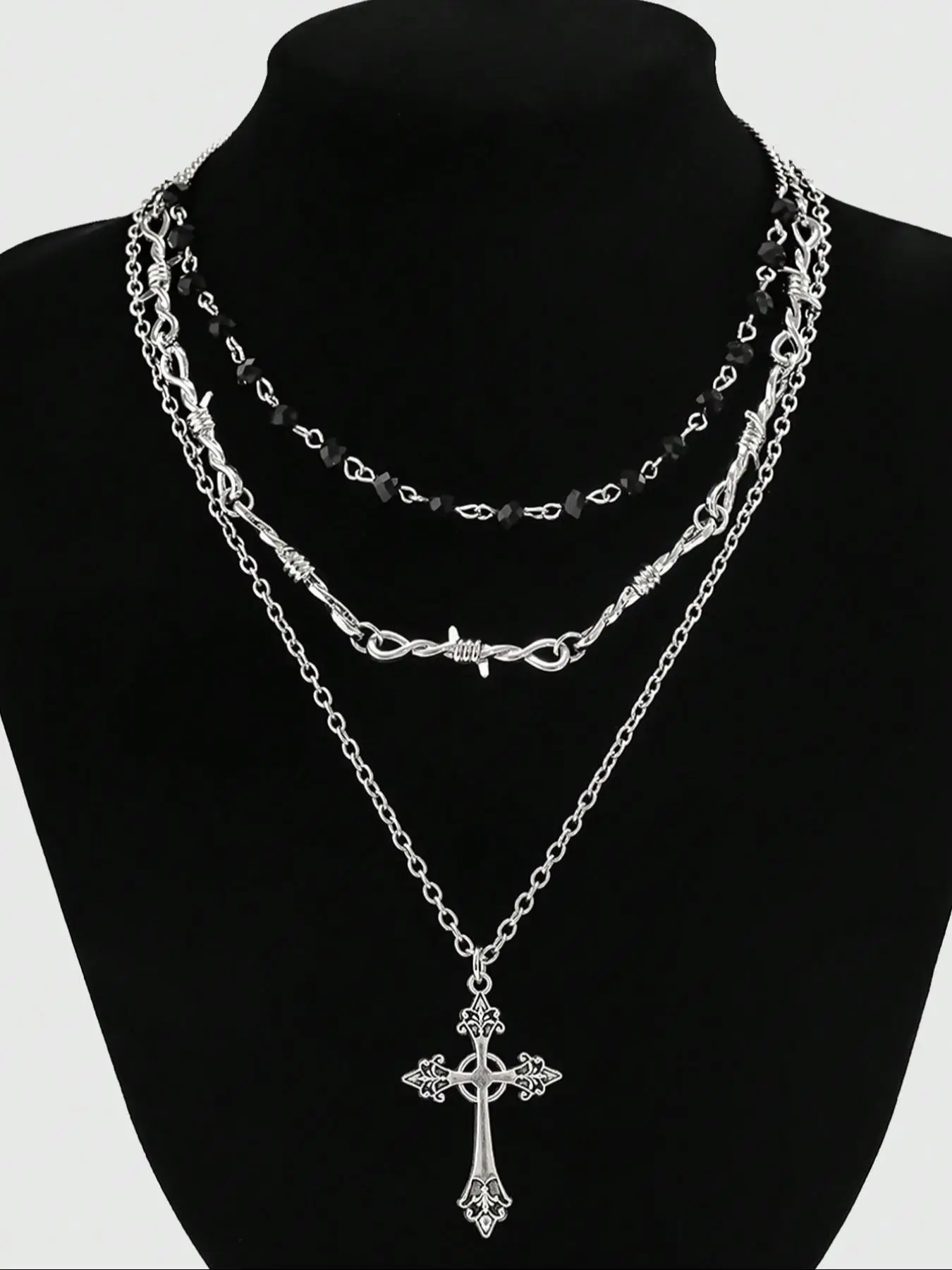 3-Piece Gothic Punk Cross Stacked Necklace for Men and Women, Retro Halloween Party Black Bead Chain Thorn Necklace Set, Punk Layered Costume Jewelry Necklace Cross Necklaces