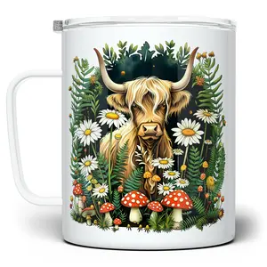 LOFTIPOP Cottagecore Highland Cow Coffee Mug, Whimsical Woodland Floral Nature Mushroom Cup, Designed and Printed in the USA by Loftipop