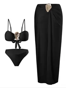 Women's Sexy Swimsuit Style Bikini Set with Skirt, Three-Piece Metal Accessories Swimsuit, Stylish Swimwear for Beach & Pool
