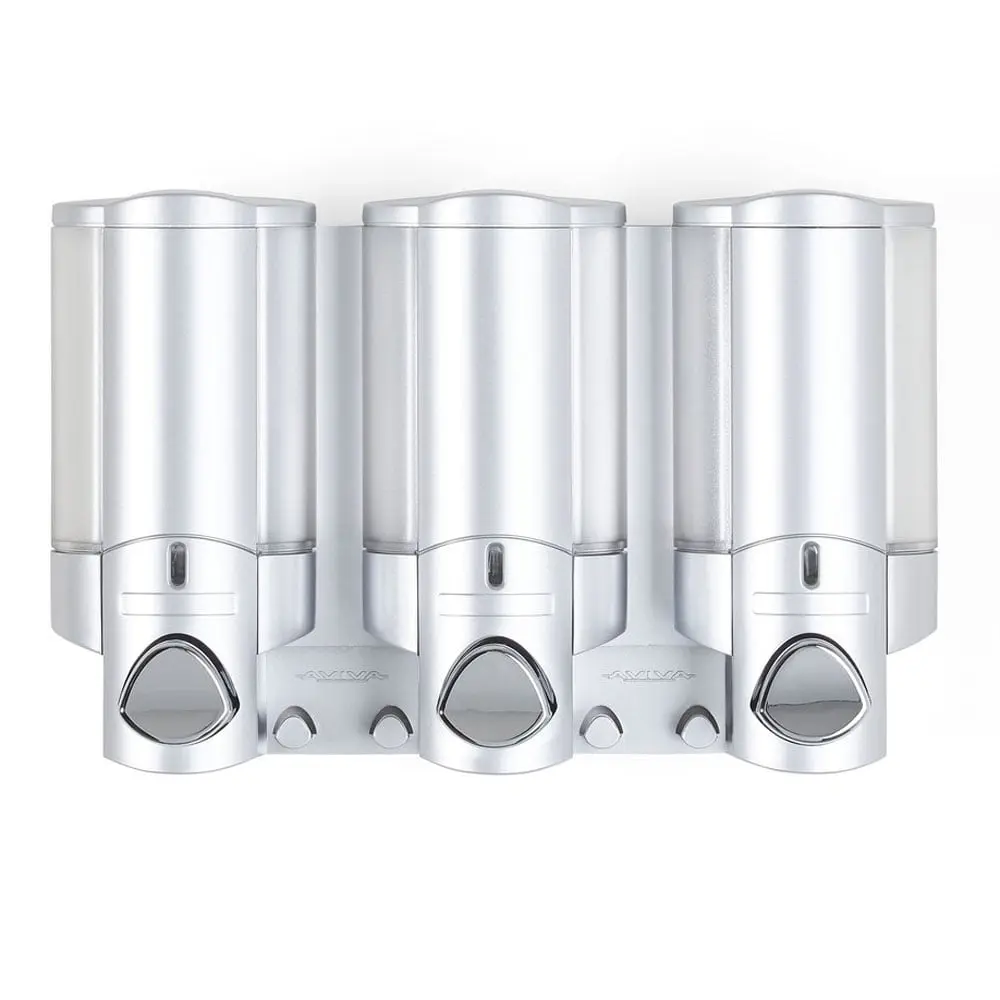 Aviva Wall-Mounted 3-Chamber Shower Soap Dispenser with Integrated Hooks, Satin Silver, Multi-Chamber Bathroom Home Supply for Neat Storage